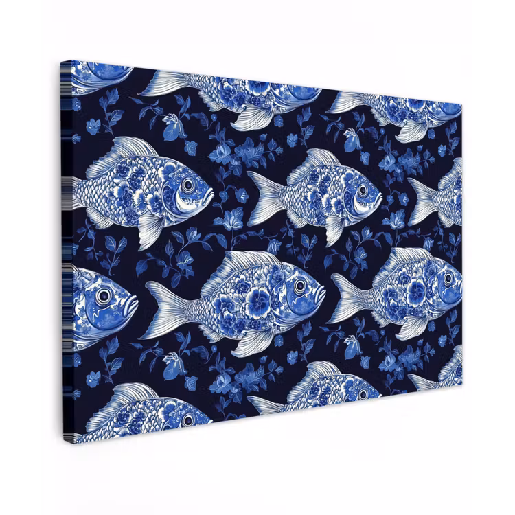 Vissen - Bloemen - Blauw Tuinposter op houten frame 2 cm dik klein 845 -3d