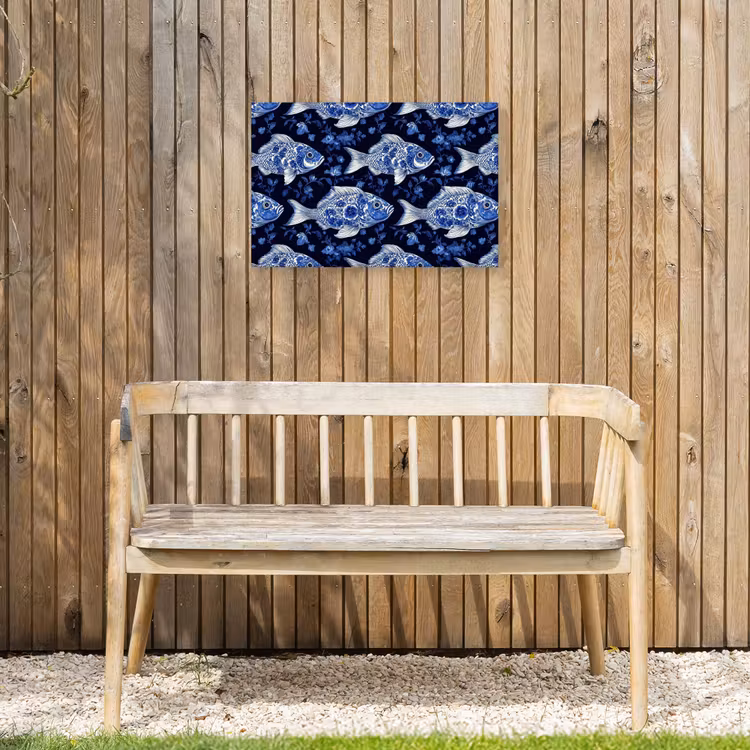 Vissen - Bloemen - Blauw Tuinposter op houten frame 2 cm dik klein 845 -sfeer4