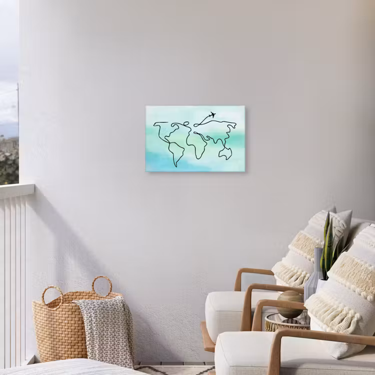 Vliegtuig - Aquarel - Lijn - Wereldkaart Tuinposter op houten frame 2 cm dik klein -sfeer1