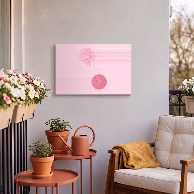 Vormen - Lijnen - Minimalistisch - Roze Tuinposter op houten frame 2 cm dik klein -sfeer1