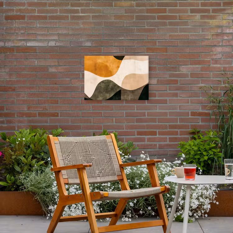 Vormen - Okergeel - Abstract Tuinposter op houten frame 2 cm dik klein -sfeer3