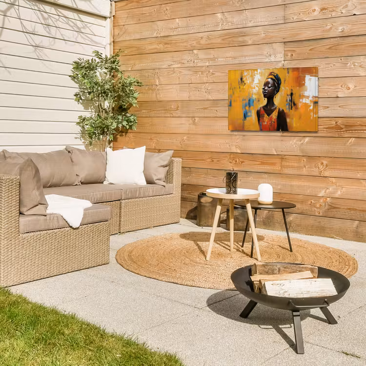 Vrouw - Ogen - Penseelstreken - Geel Tuinposter op houten frame 2 cm dik klein -sfeer2
