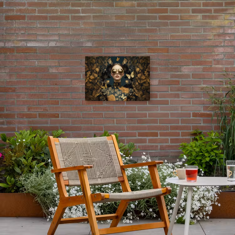 Vrouw - Bladeren - Goud - Vlinders Tuinposter op houten frame 2 cm dik klein -sfeer3