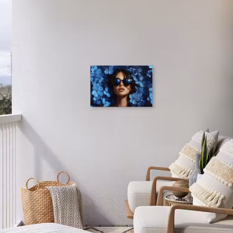 Vrouw - Blauw - Bloemen - Vlinders - Natuur Tuinposter op houten frame 2 cm dik klein -sfeer1