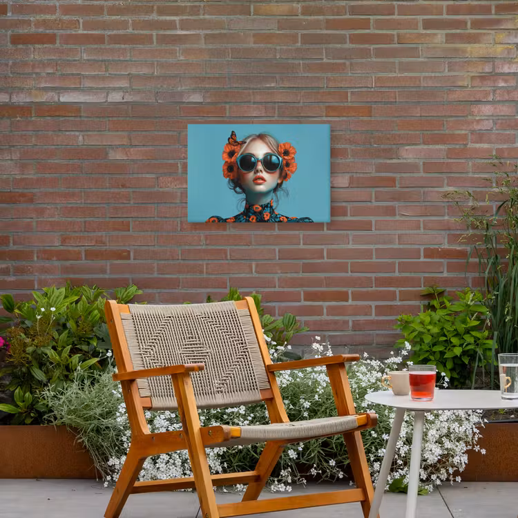 Vrouw - Blauw - Vlinder - Bloemen - Aesthetic Tuinposter op houten frame 2 cm dik klein -sfeer3