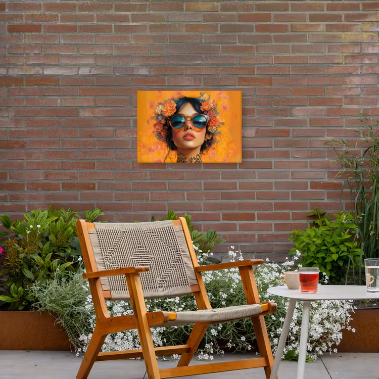 Vrouw - Bloemen - Aesthetic - Oranje Tuinposter op houten frame 2 cm dik klein -sfeer3