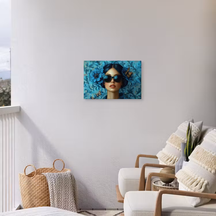 Vrouw - Bloemen - Vlinders - Blauw - Abstract Tuinposter op houten frame 2 cm dik klein -sfeer1