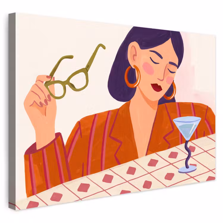Vrouw - Bril - Cocktail - Illustratie - Modern Tuinposter op houten frame 2 cm dik klein -3d