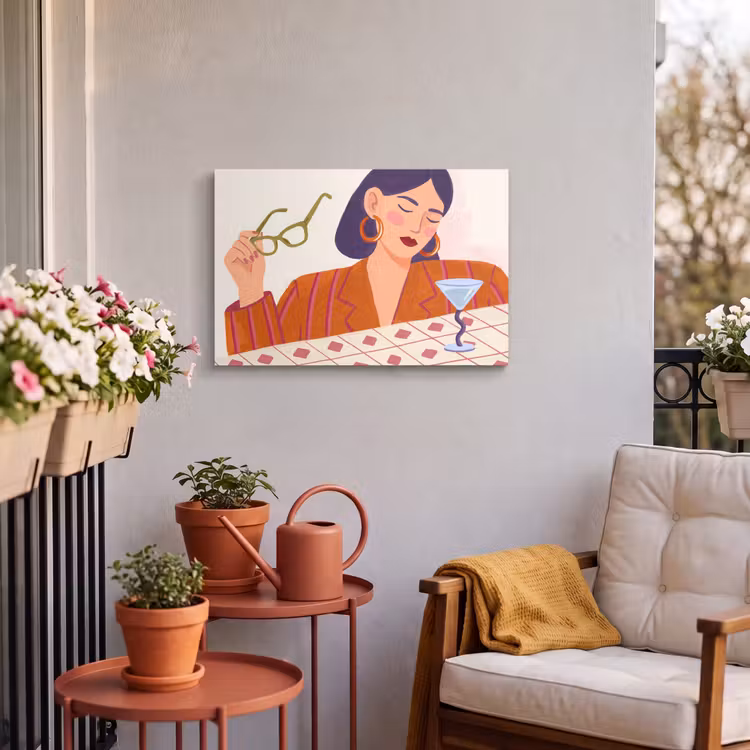Vrouw - Bril - Cocktail - Illustratie - Modern Tuinposter op houten frame 2 cm dik klein -sfeer1
