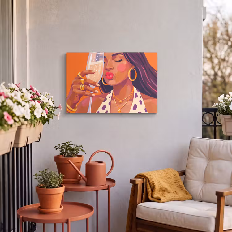 Vrouw - Champagne - Feest - Modern - Oranje Tuinposter op houten frame 2 cm dik klein -sfeer1