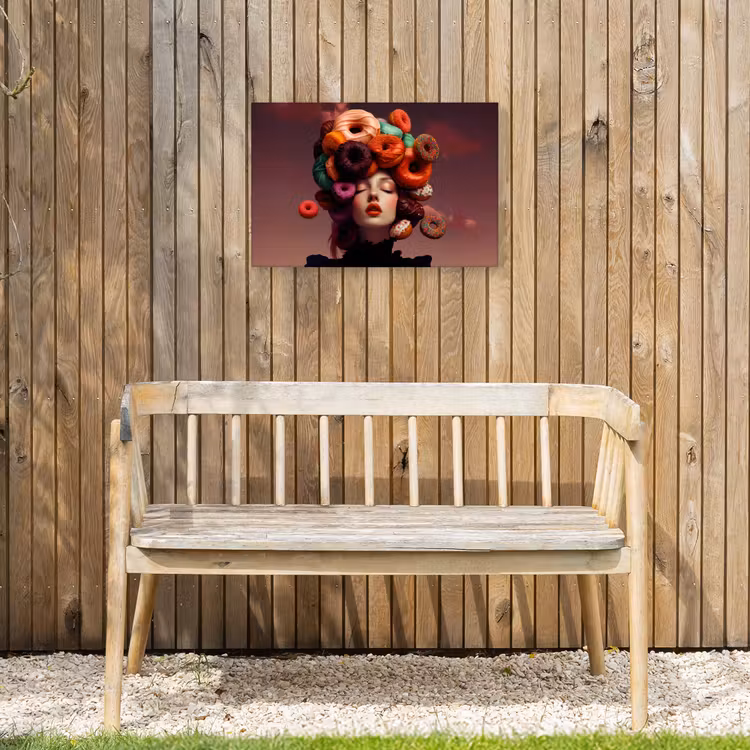Vrouw - Donuts - Kleurrijk Tuinposter op houten frame 2 cm dik klein -sfeer4