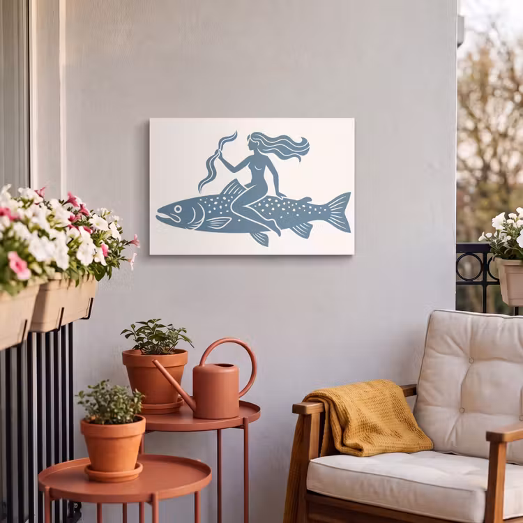 Vrouw - Vis - Fantasie - Abstract - Blauw Tuinposter op houten frame 2 cm dik klein -sfeer1