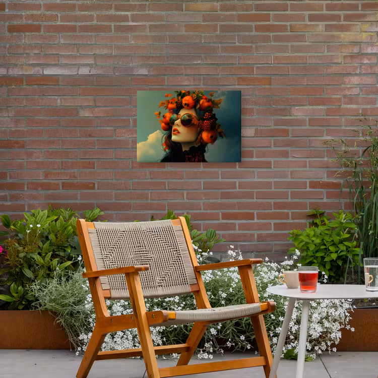 Vrouw - Granaatappel - Herfst - Zonnebril Tuinposter op houten frame 2 cm dik klein -sfeer3