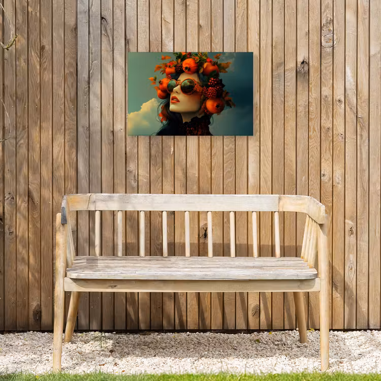Vrouw - Granaatappel - Herfst - Zonnebril Tuinposter op houten frame 2 cm dik klein -sfeer4