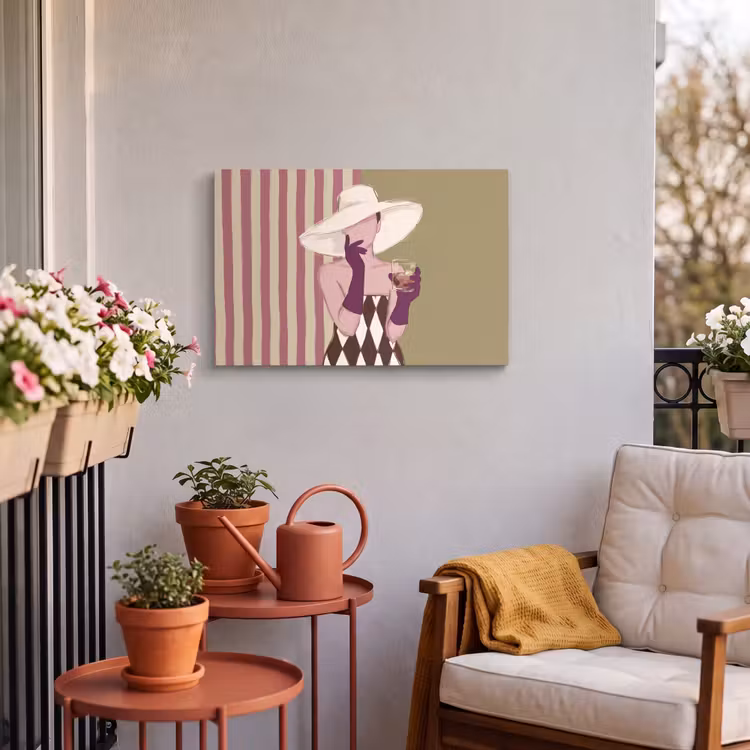 Vrouw - Hoed - Mode - Abstract - Kleurrijk Tuinposter op houten frame 2 cm dik klein -sfeer1