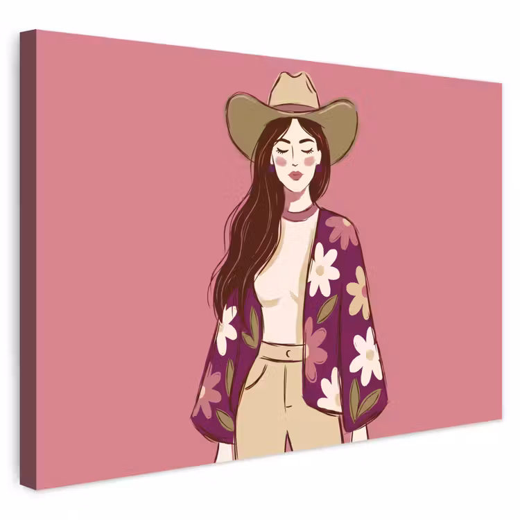 Vrouw - Hoed - Portret - Illustratie - Roze Tuinposter op houten frame 2 cm dik klein -3d