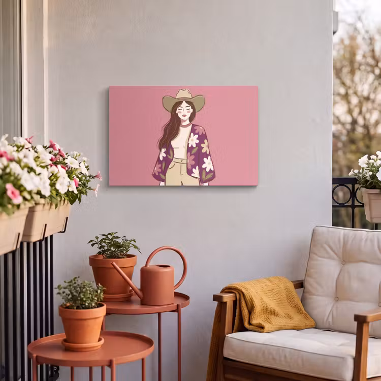 Vrouw - Hoed - Portret - Illustratie - Roze Tuinposter op houten frame 2 cm dik klein -sfeer1