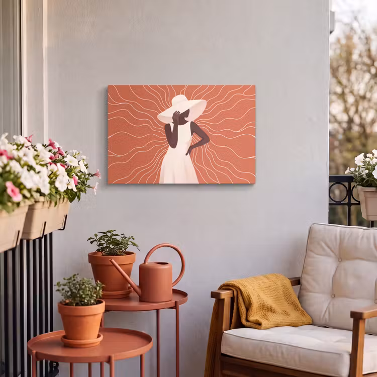 Vrouw - Hoed - Portret - Modern - Beige Tuinposter op houten frame 2 cm dik klein -sfeer1