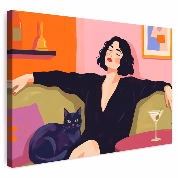 Vrouw - Kat - Interieur - Modern - Kleurrijk Tuinposter op houten frame 2 cm dik klein -3d