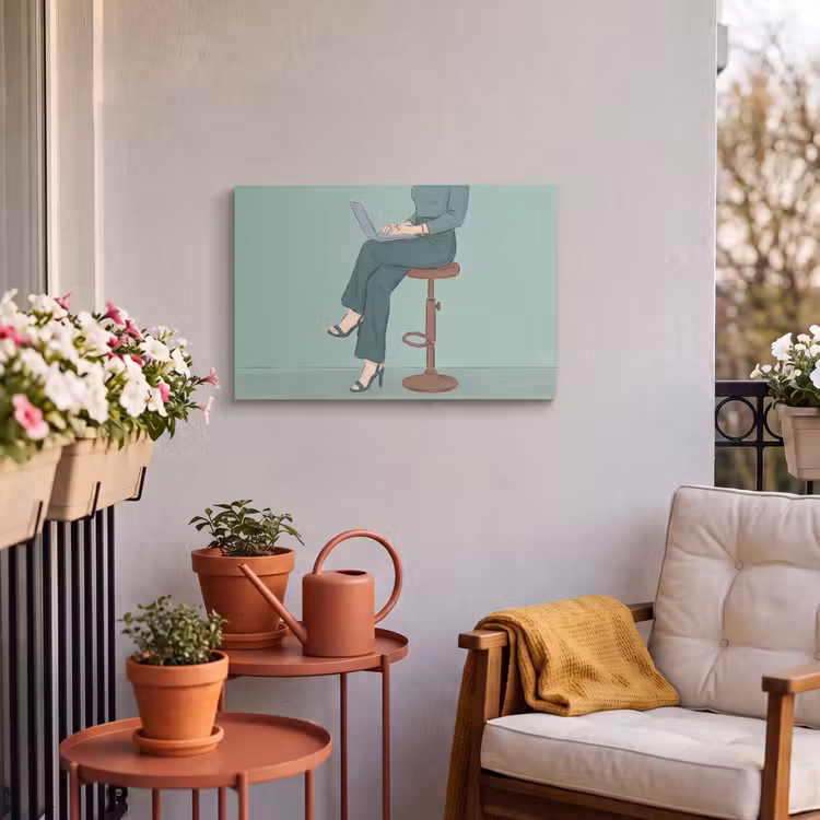 Vrouw - Laptop - Zittend - Illustratie - Groen Tuinposter op houten frame 2 cm dik klein -sfeer1