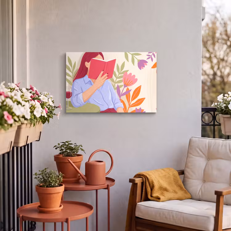 Vrouw - Lezen - Thuis - Modern - Bloemen Tuinposter op houten frame 2 cm dik klein -sfeer1