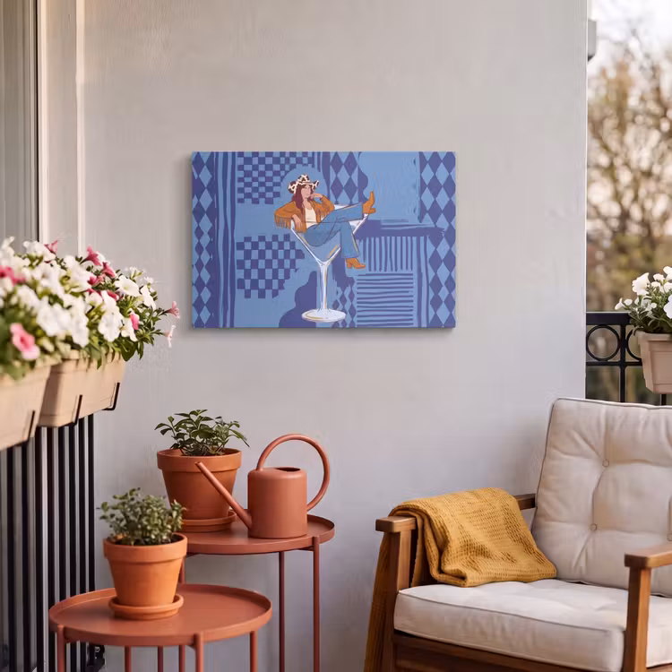 Vrouw - Martini glas - Abstract - Blauw - Kunst Tuinposter op houten frame 2 cm dik klein -sfeer1