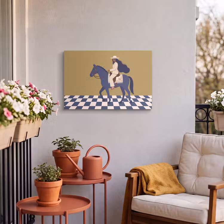 Vrouw - Paard - Rijden - Modern - Abstract Tuinposter op houten frame 2 cm dik klein -sfeer1