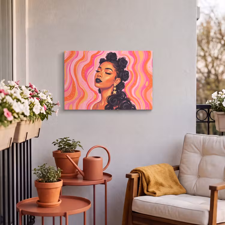 Vrouw - Portret - Abstract - Kleurrijk - Roze Tuinposter op houten frame 2 cm dik klein -sfeer1
