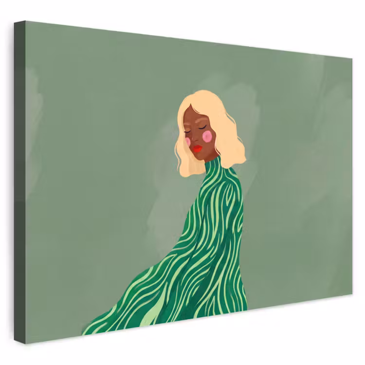 Vrouw - Portret - Illustratie - Modern - Groen Tuinposter op houten frame 2 cm dik klein -3d