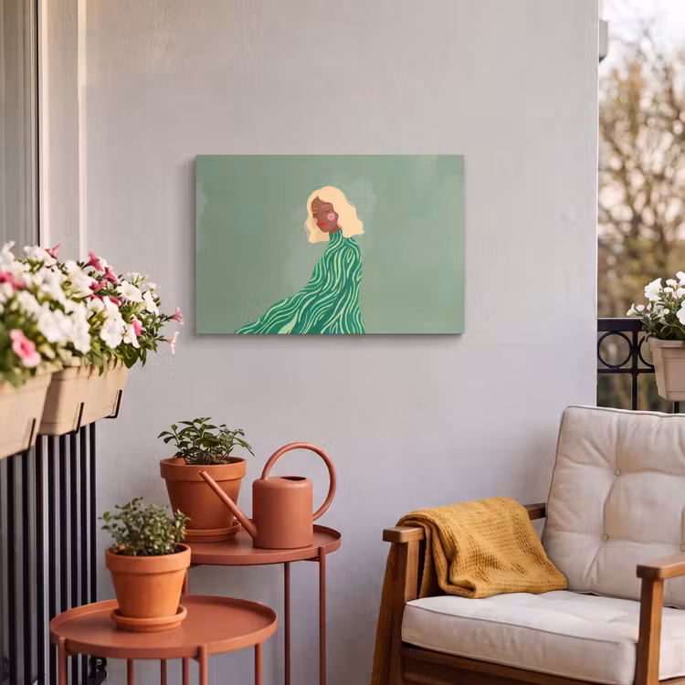 Vrouw - Portret - Illustratie - Modern - Groen Tuinposter op houten frame 2 cm dik klein -sfeer1