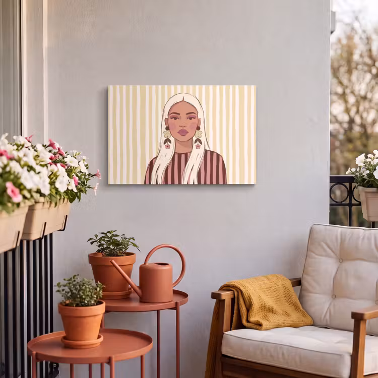 Vrouw - Portret - Illustratie - Modern - Roze Tuinposter op houten frame 2 cm dik klein -sfeer1