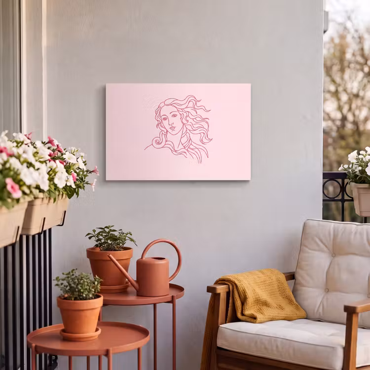 Vrouw - Portret - Klassiek - Line-art - Roze Tuinposter op houten frame 2 cm dik klein -sfeer1