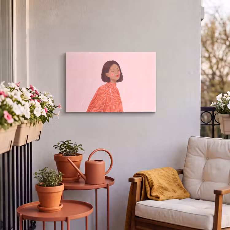 Vrouw - Portret - Modern - Kunst - Roze Tuinposter op houten frame 2 cm dik klein -sfeer1