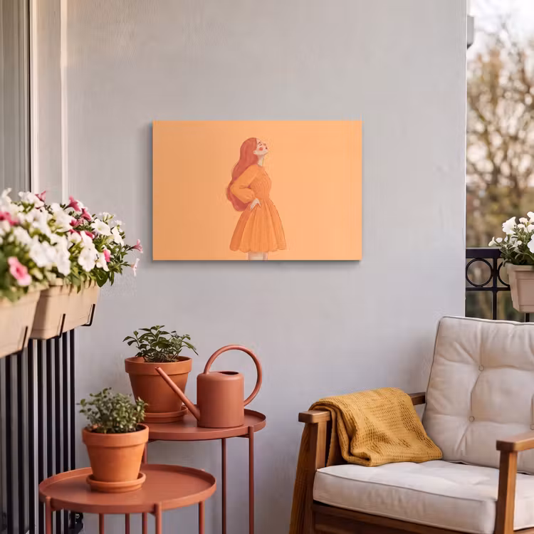 Vrouw - Profiel - Mensen - Modern - Oranje Tuinposter op houten frame 2 cm dik klein -sfeer1