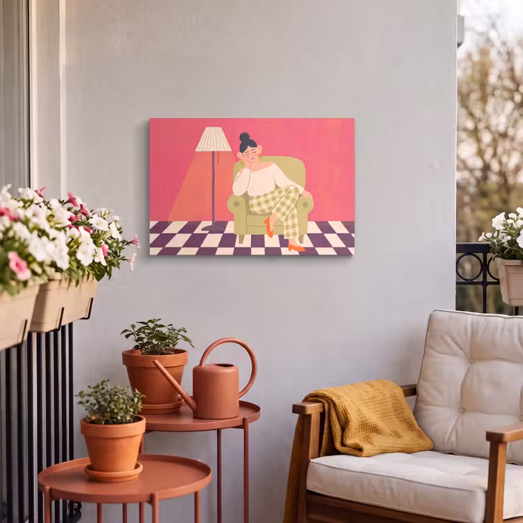 Vrouw - Rust - Interieur - Modern - Kunst Tuinposter op houten frame 2 cm dik klein -sfeer1