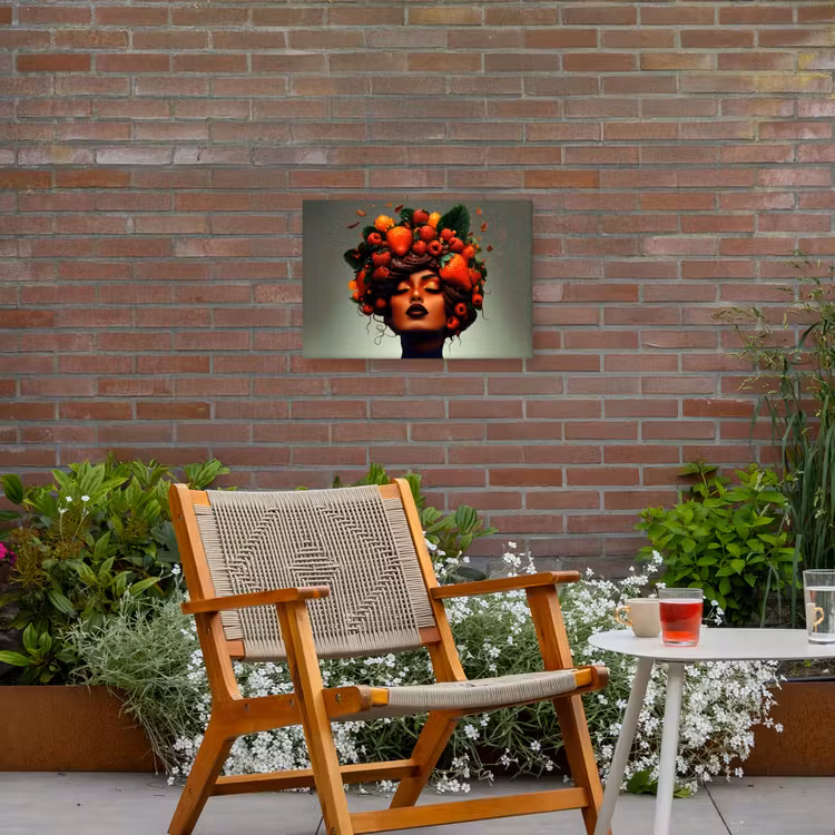 Vrouw - Chocolade - Frambozen - Aardbeien - Koekjes Tuinposter op houten frame 2 cm dik klein -sfeer3
