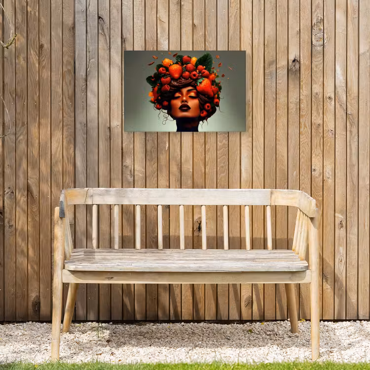Vrouw - Chocolade - Frambozen - Aardbeien - Koekjes Tuinposter op houten frame 2 cm dik klein -sfeer4