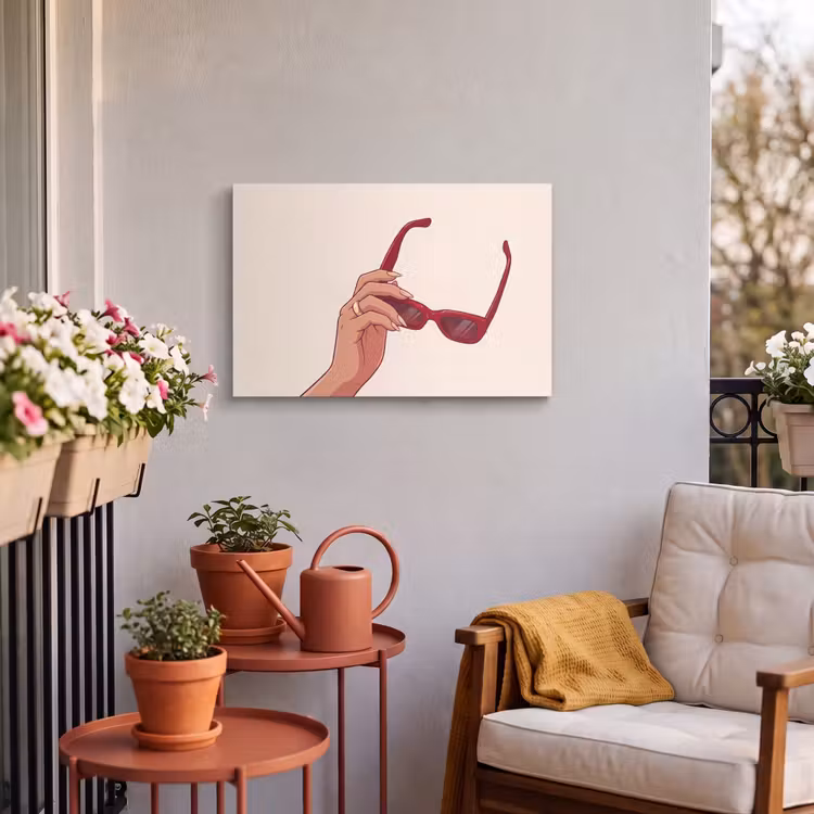 Vrouw - Zonnebril - Mode - Rood - Illustratie Tuinposter op houten frame 2 cm dik klein -sfeer1