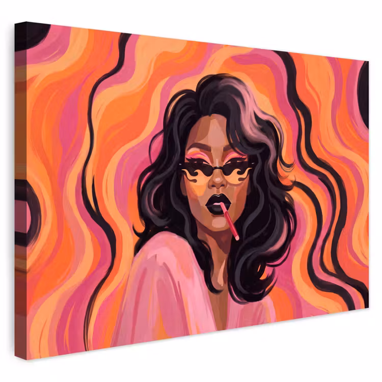 Vrouw - Zonnebril - Modern - Portret - Oranje Tuinposter op houten frame 2 cm dik klein -3d
