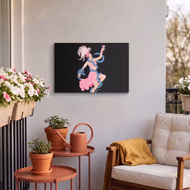 Vrouw - Danseres - Slangen - Art Deco - Roze Tuinposter op houten frame 2 cm dik klein -sfeer1