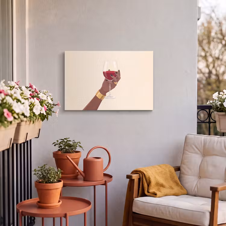 Vrouw - Wijn - Glas - Illustratie - Rood Tuinposter op houten frame 2 cm dik klein -sfeer1