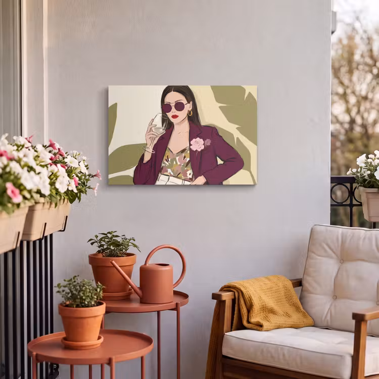 Vrouw - Wijn - Portret - Mode - Modern Tuinposter op houten frame 2 cm dik klein -sfeer1