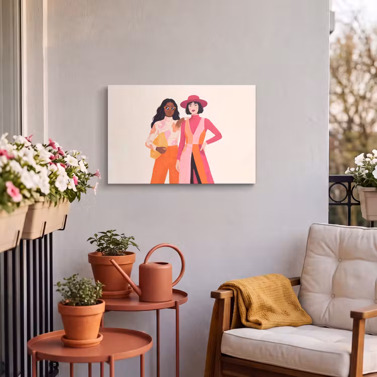 Vrouw - Twee - Mode - Abstract - Kleurrijk Tuinposter op houten frame 2 cm dik klein -sfeer1