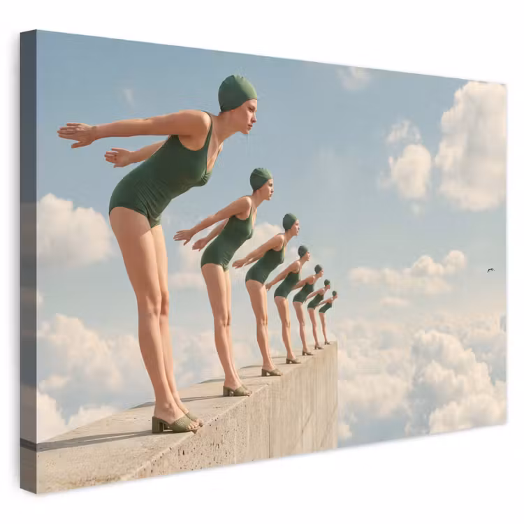 Outdoor Leinwand - Frauen – Tauchhaltung – Wolken - Vrouwen - Duikhouding - Wolken Tuinposter op houten frame 2 cm dik klein