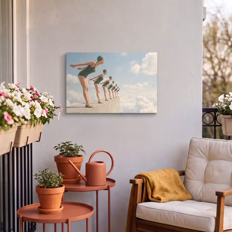Outdoor Leinwand - Frauen – Tauchhaltung – Wolken - Vrouwen - Duikhouding - Wolken Tuinposter op houten frame 2 cm dik klein