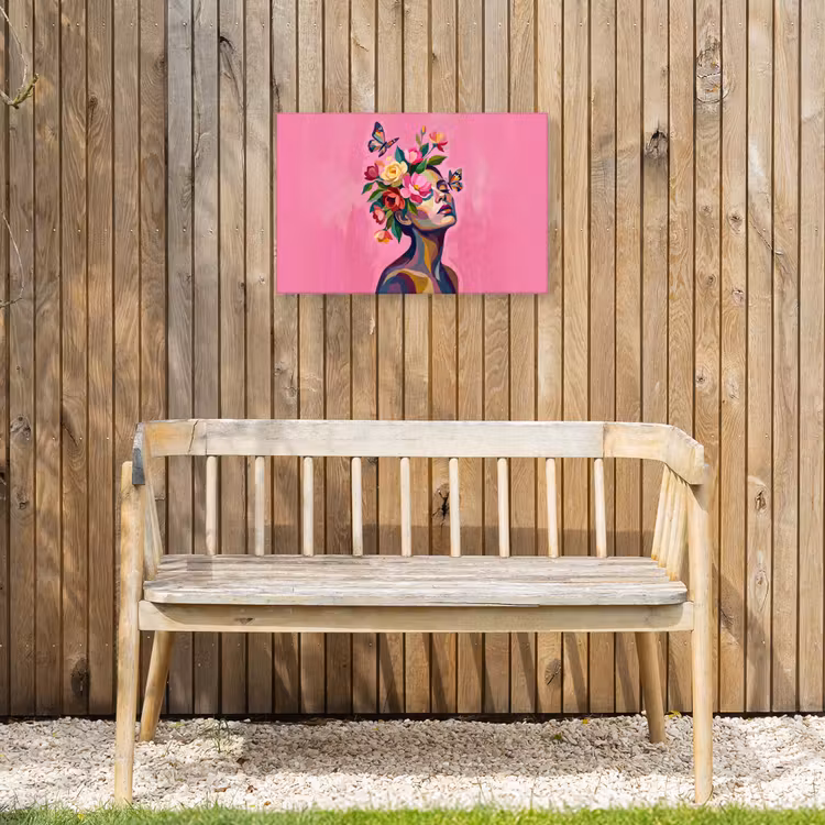 Vrouwengezicht - Vlinders - Kleurrijk Tuinposter op houten frame 2 cm dik klein -sfeer4