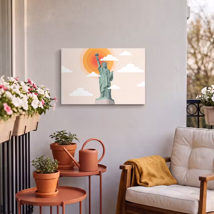 Vrijheidsbeeld - New York - Zon - Modern Tuinposter op houten frame 2 cm dik klein -sfeer1