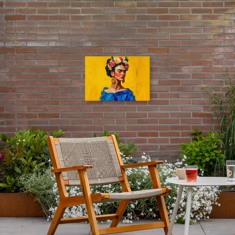 Frida Kahlo - Vrouw - Geel - Blauw - Bloemen Tuinposter op houten frame 2 cm dik klein -sfeer3