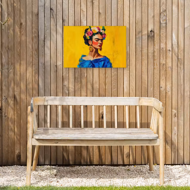Frida Kahlo - Vrouw - Geel - Blauw - Bloemen Tuinposter op houten frame 2 cm dik klein -sfeer4