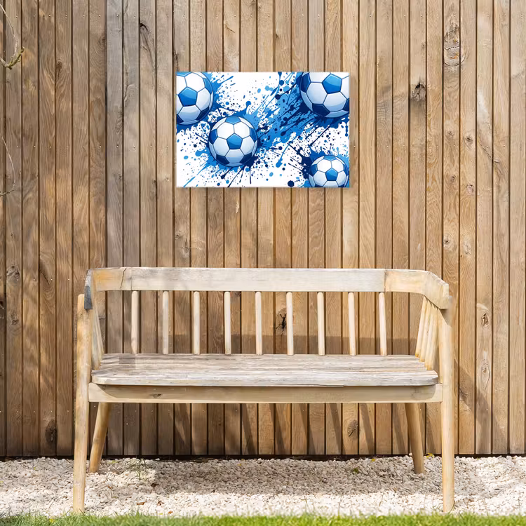 Voetballen - Verf - Sport - Blauw Tuinposter op houten frame 2 cm dik klein -sfeer4